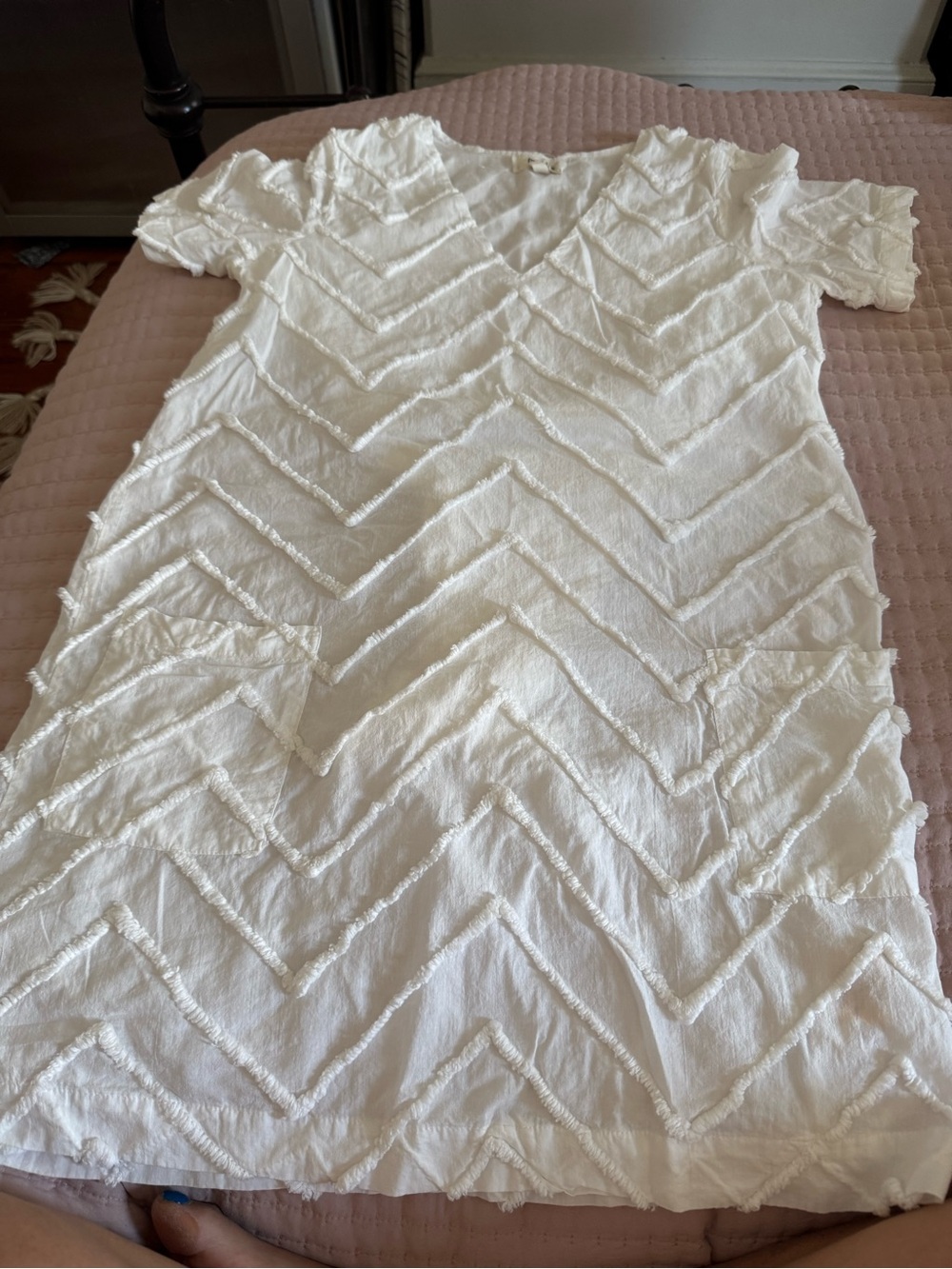 White Textured Chevron Shift Dress